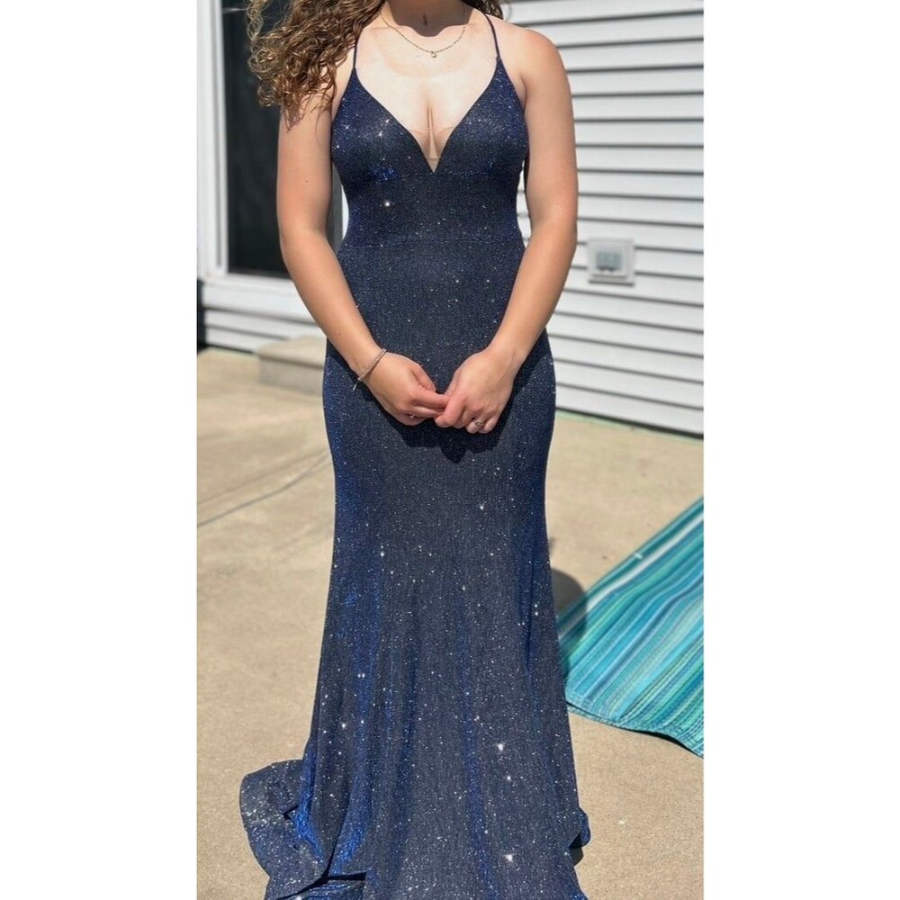 David’s Bridal JULES AND CLEO size 6 V-Neck Glitter Mermaid Dress Sparkly Navy